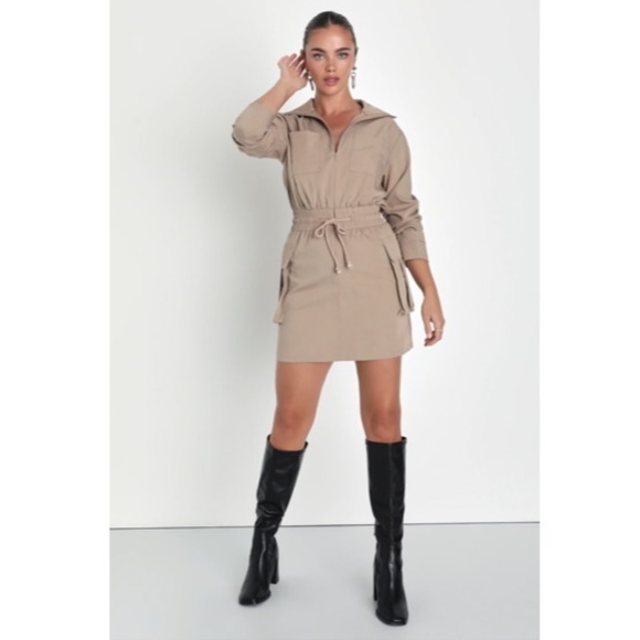 Lulus Dresses & Skirts - Lulus Versatile Energy Khaki Mock Neck Long Sleeve Utility Mini Dress Brown S